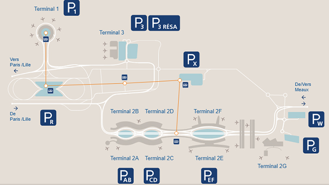 Схема расположения парковок в аэропорту Парижа (Шарль-де-Голль)